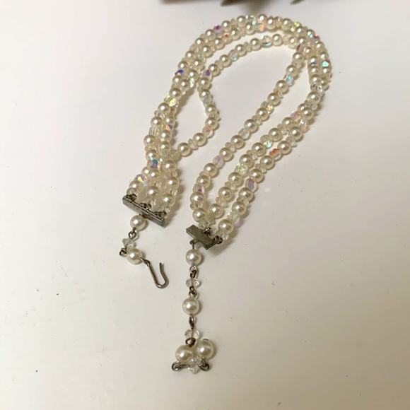 Vintage faceted iridescent crystal & pearl 3 strand choker adjustable necklace - Picture 4 of 5